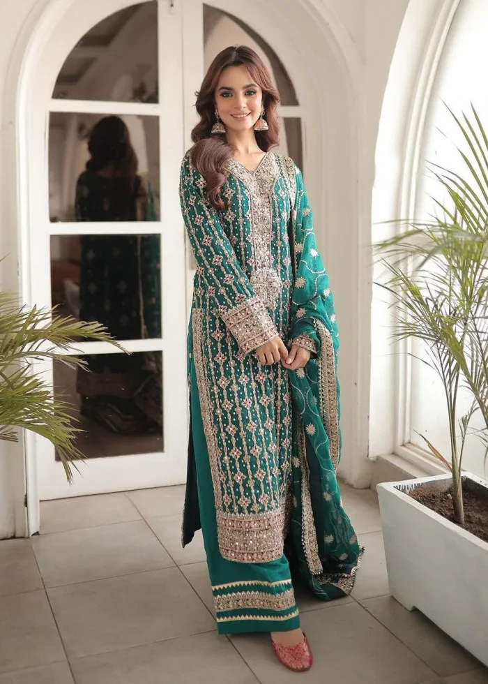 Haseens Official | 3 Piece Sea Green Chiffon Embroidered Straight Kurta - Mahrukh | Ready To Wear - Image 4