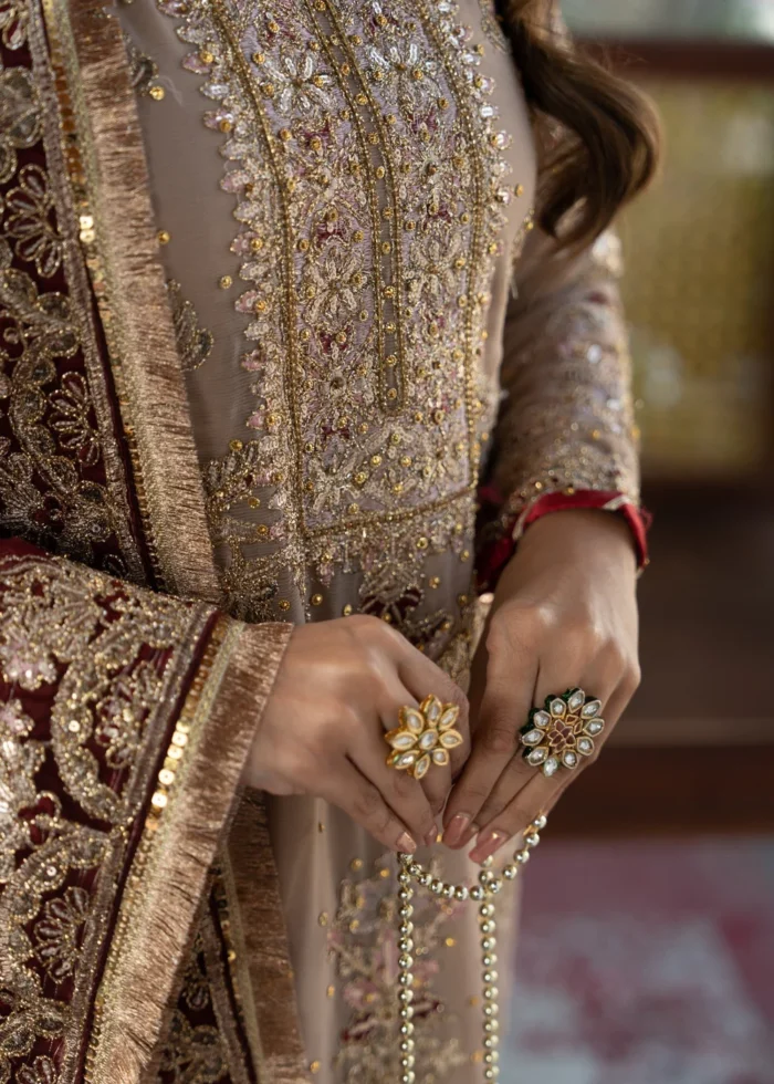 Haseens Official | 3 Piece Beige Chiffon Zardozi Embroidered Gharara - Bareera | Ready To Wear - Image 3