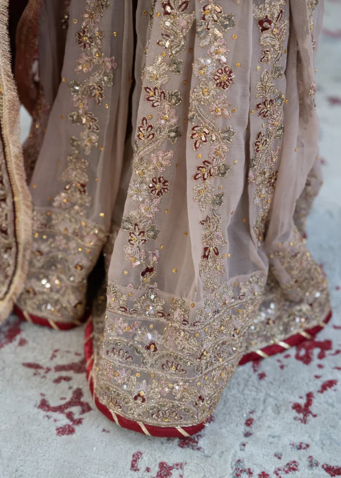 Haseens Official | 3 Piece Beige Chiffon Zardozi Embroidered Gharara - Bareera | Ready To Wear - Image 6