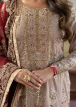 Haseens Official | 3 Piece Beige Chiffon Zardozi Embroidered Gharara - Bareera | Ready To Wear - Image 2