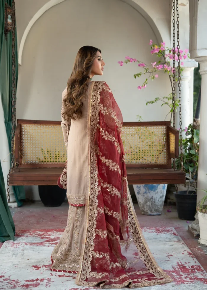 Haseens Official | 3 Piece Beige Chiffon Zardozi Embroidered Gharara - Bareera | Ready To Wear - Image 7