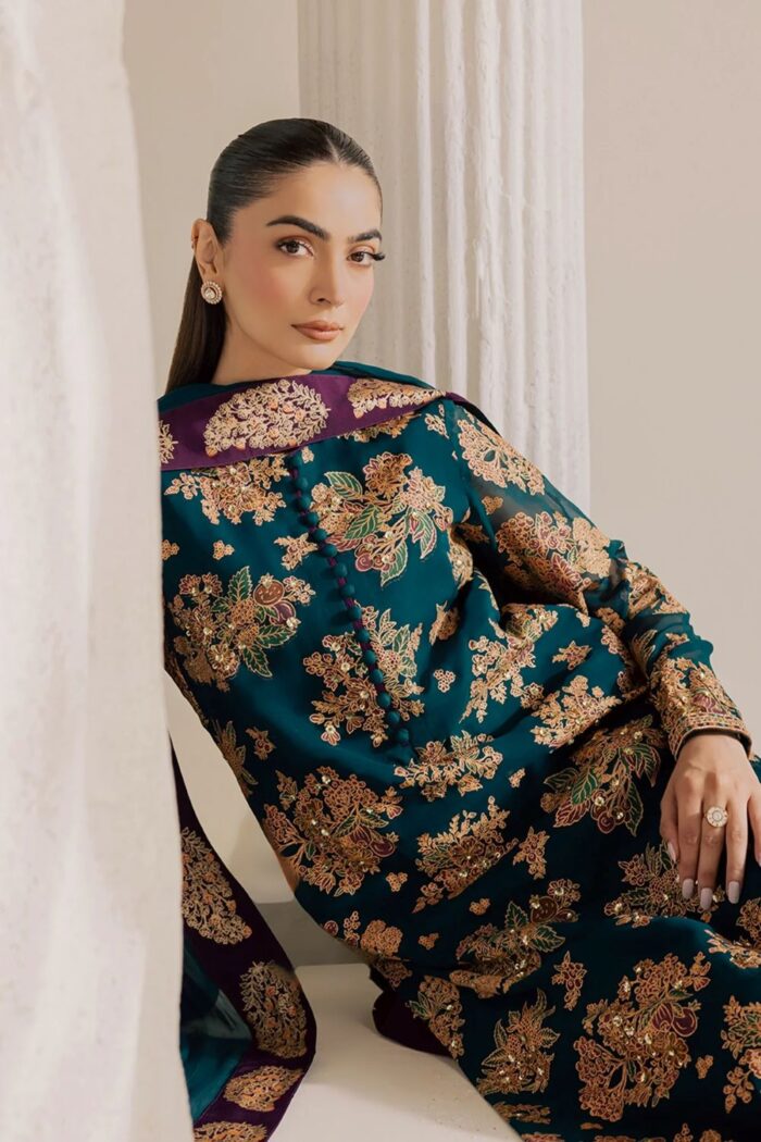 Vanya | 3 Piece chic Teal green  Embroidered Chiffon/Raw Silk - FF-84 | Ready To Wear - Image 4