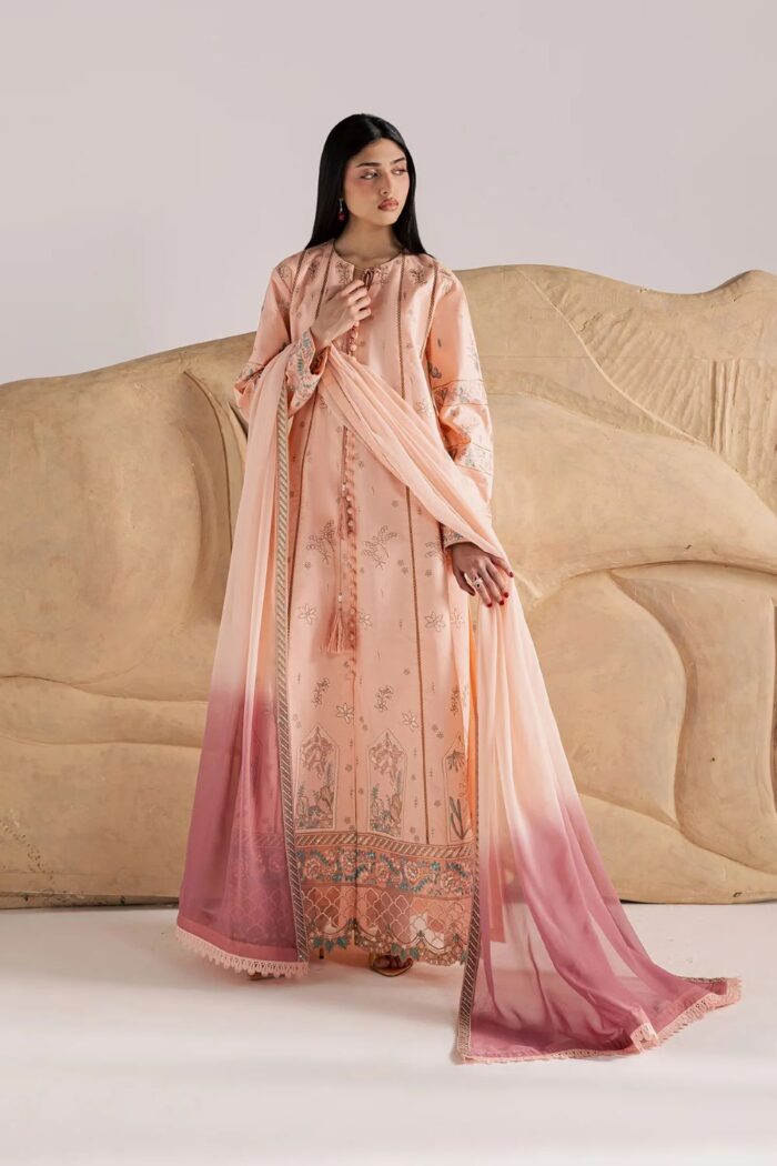 Vanya | 3 Piece peachy pink Embroidered Cotton/Chiffon  -CN-15  | Ready To Wear - Image 4