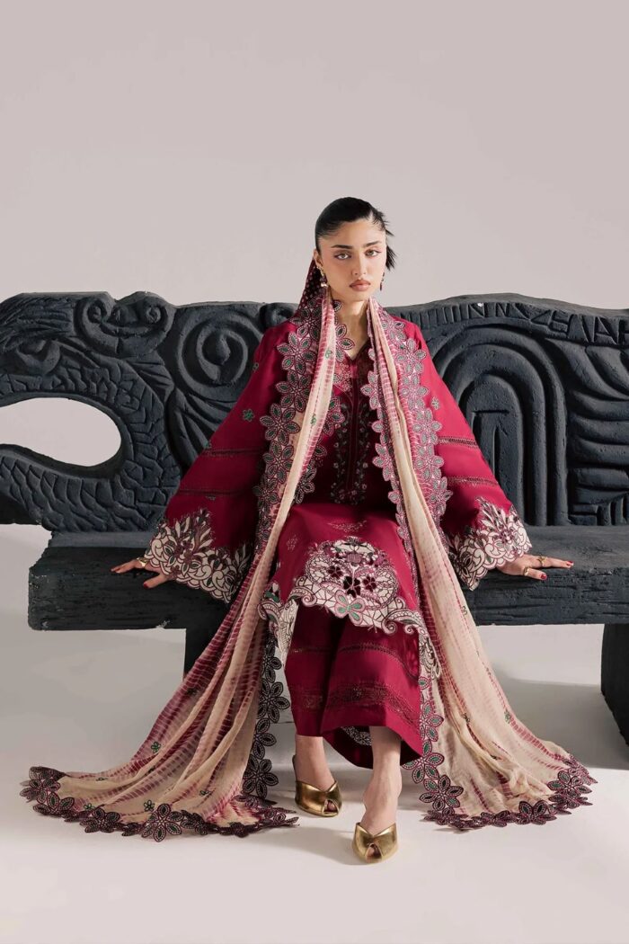 Vanya | 3 Piece Mahroon Embroidered Cotton/Organza  - CN-19  | Ready To Wear - Image 3