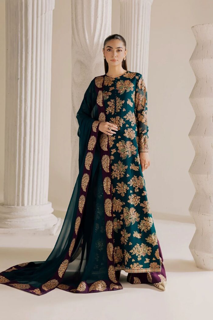 Vanya | 3 Piece chic Teal green  Embroidered Chiffon/Raw Silk - FF-84 | Ready To Wear - Image 5