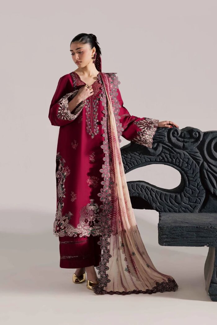 Vanya | 3 Piece Mahroon Embroidered Cotton/Organza  - CN-19  | Ready To Wear - Image 6