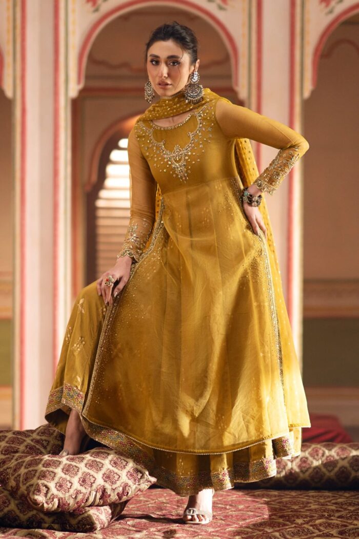 Naqshi | 3 Piece  Mustard Organza Frock – Mehrosh | Ready To Wear - Image 2