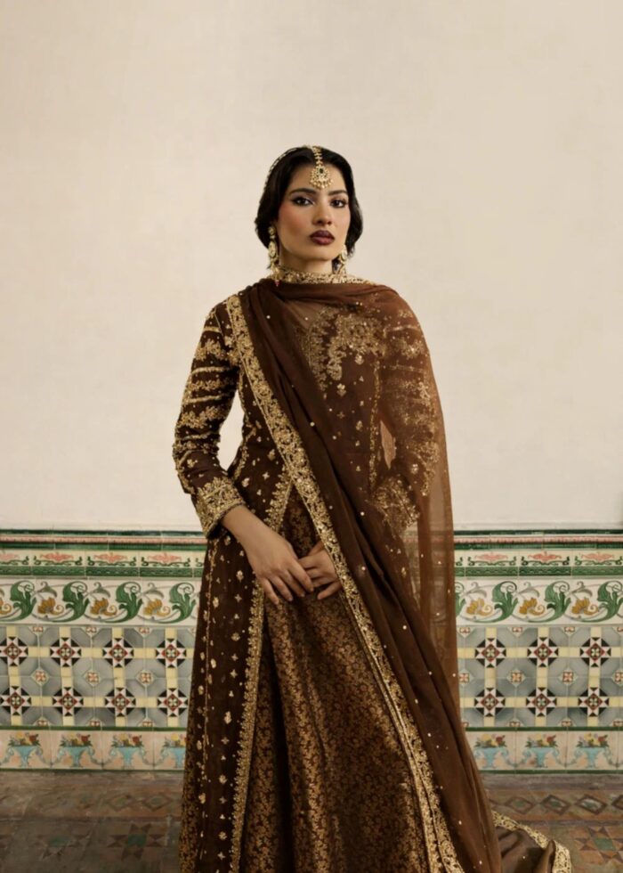 Haseens Official | 3 Piece Chiffon Embroidered Flared lehenga - Raushan Brown | Ready To Wear - Image 2