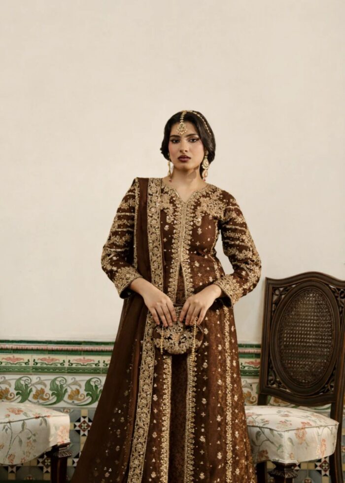Haseens Official | 3 Piece Chiffon Embroidered Flared lehenga - Raushan Brown | Ready To Wear - Image 3