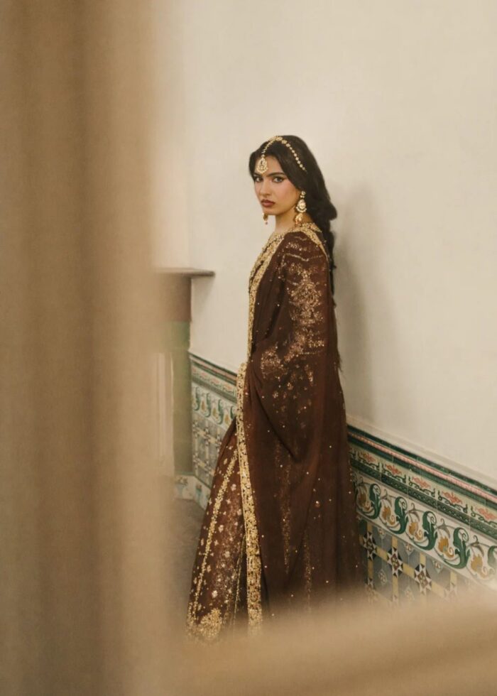 Haseens Official | 3 Piece Chiffon Embroidered Flared lehenga - Raushan Brown | Ready To Wear - Image 4