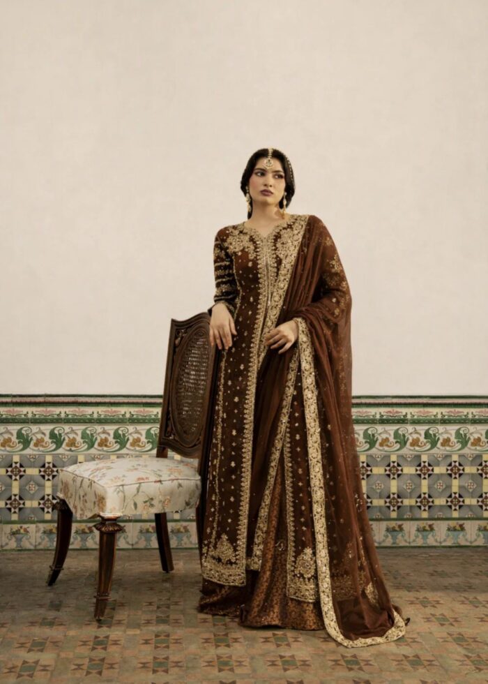 Haseens Official | 3 Piece Chiffon Embroidered Flared lehenga - Raushan Brown | Ready To Wear - Image 6