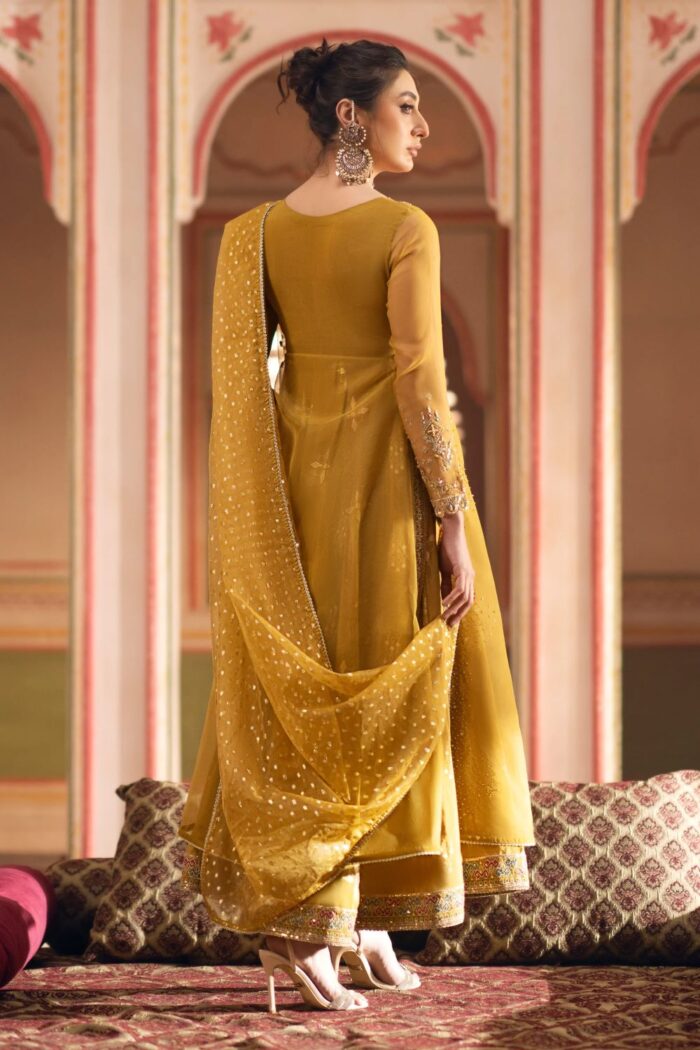 Naqshi | 3 Piece  Mustard Organza Frock – Mehrosh | Ready To Wear - Image 3