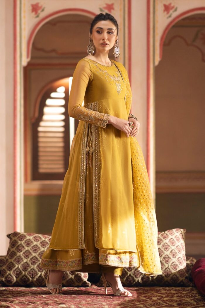 Naqshi | 3 Piece  Mustard Organza Frock – Mehrosh | Ready To Wear - Image 4