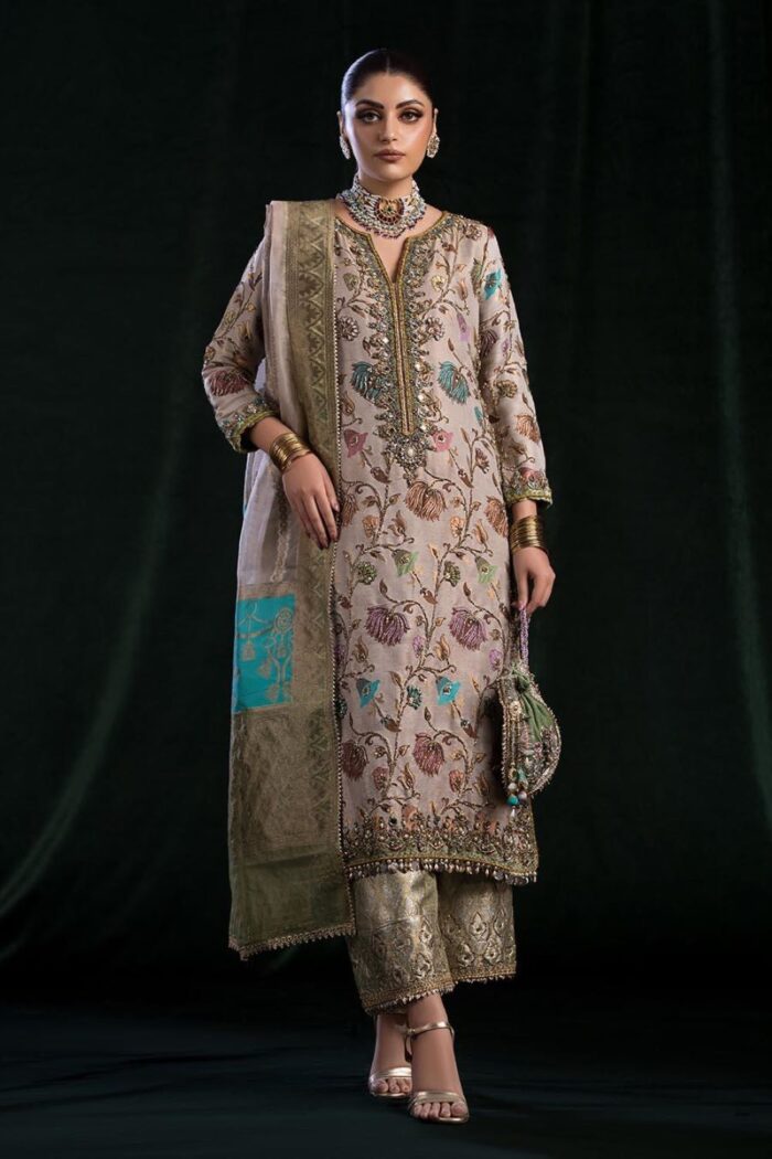 Khuda Baksh | 3 Piece Pure Resham kam-KHvaab  (Kora, Dabka, Sequins, Zardozi work) | E-306  | Ready To Wear - Image 5