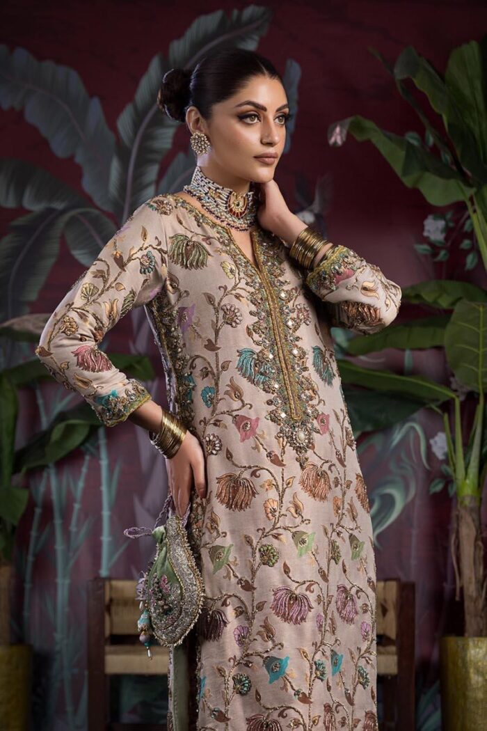 Khuda Baksh | 3 Piece Pure Resham kam-KHvaab  (Kora, Dabka, Sequins, Zardozi work) | E-306  | Ready To Wear - Image 3