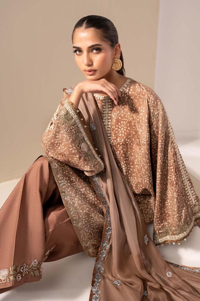MARIA.B | 3 Piece Embroidered Silk Suit -MST-EF26-18-Brown | Ready To Wear - Image 3