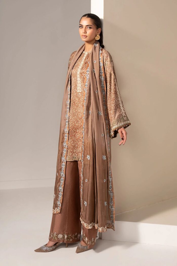 MARIA.B | 3 Piece Embroidered Silk Suit -MST-EF26-18-Brown | Ready To Wear - Image 7
