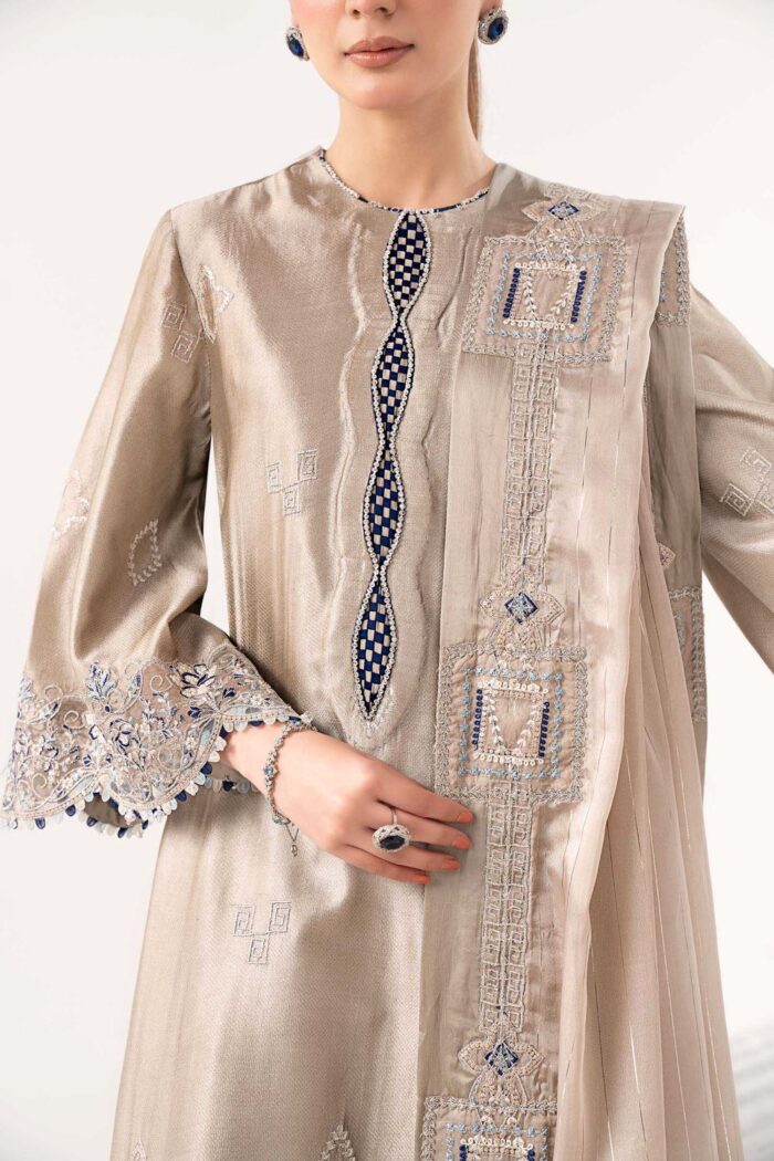 MARIA.B | 3 Piece Embroidered Self Tassel Silk Suit -MST-EF26-10-Grey | Ready To Wear - Image 4