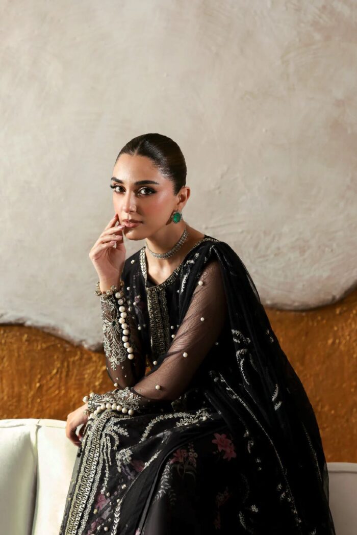 Vanya | 3 Piece black net Embroidered  Net & Charmeuse - RV-09 | Ready To Wear - Image 4