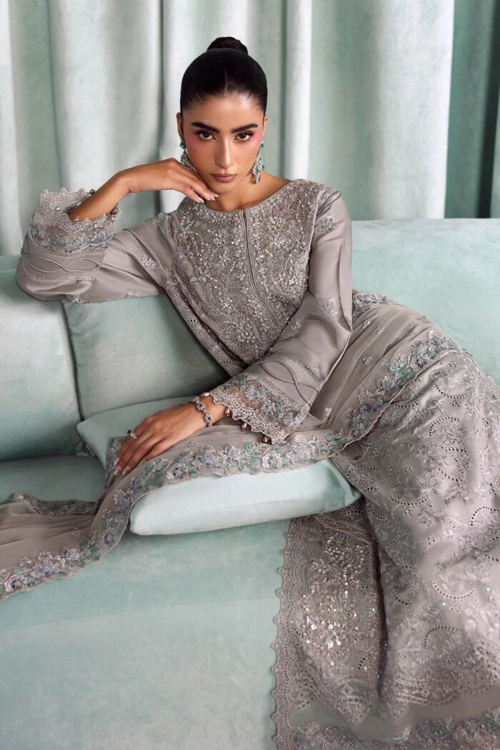 MARIA.B | 3 Piece Embroidered Tissue Silk Suit -SF-EA26-37-Grey  | Ready To Wear - Image 2