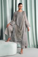 MARIA.B | 3 Piece Embroidered Tissue Silk Suit -SF-EA26-37-Grey  | Ready To Wear - Image 3