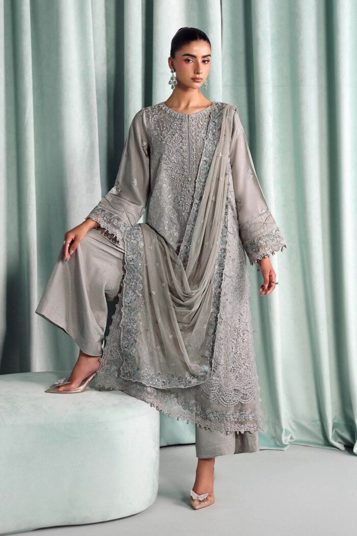 MARIA.B | 3 Piece Embroidered Tissue Silk Suit -SF-EA26-37-Grey  | Ready To Wear - Image 3