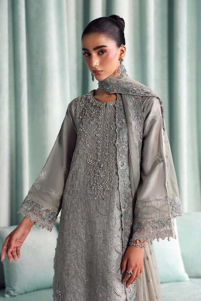 MARIA.B | 3 Piece Embroidered Tissue Silk Suit -SF-EA26-37-Grey  | Ready To Wear - Image 6