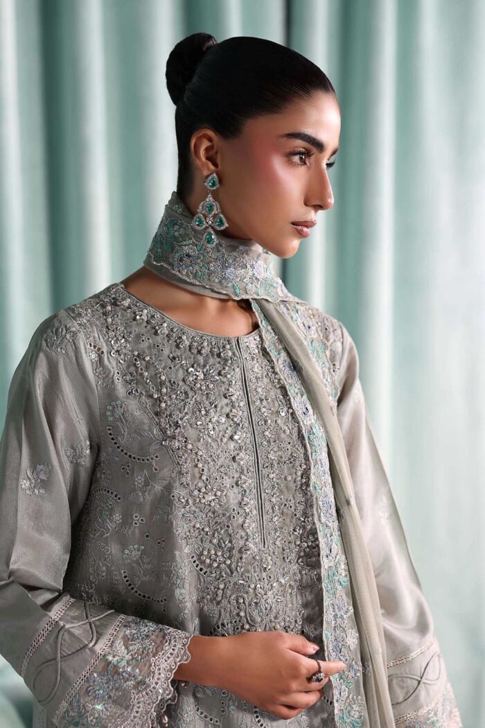 MARIA.B | 3 Piece Embroidered Tissue Silk Suit -SF-EA26-37-Grey  | Ready To Wear - Image 7
