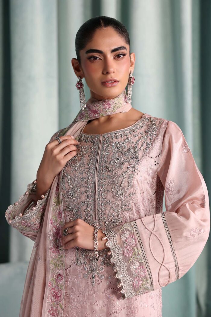 MARIA.B | 3 Piece Embroidered Raw Silk Suit -SF-EA26-37-Pink | Ready To Wear - Image 5
