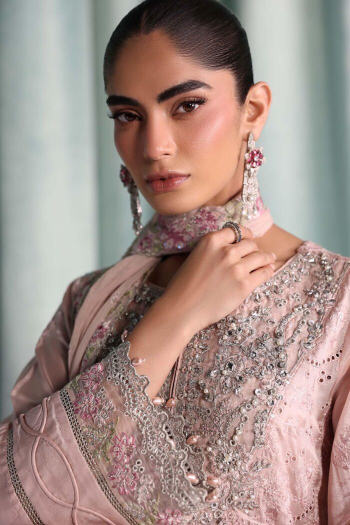 MARIA.B | 3 Piece Embroidered Raw Silk Suit -SF-EA26-37-Pink | Ready To Wear - Image 8