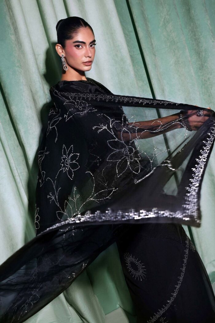 MARIA.B | 3 Piece Embroidered Chiffon Saree -SF-PF26-02-Black | Ready To Wear - Image 2