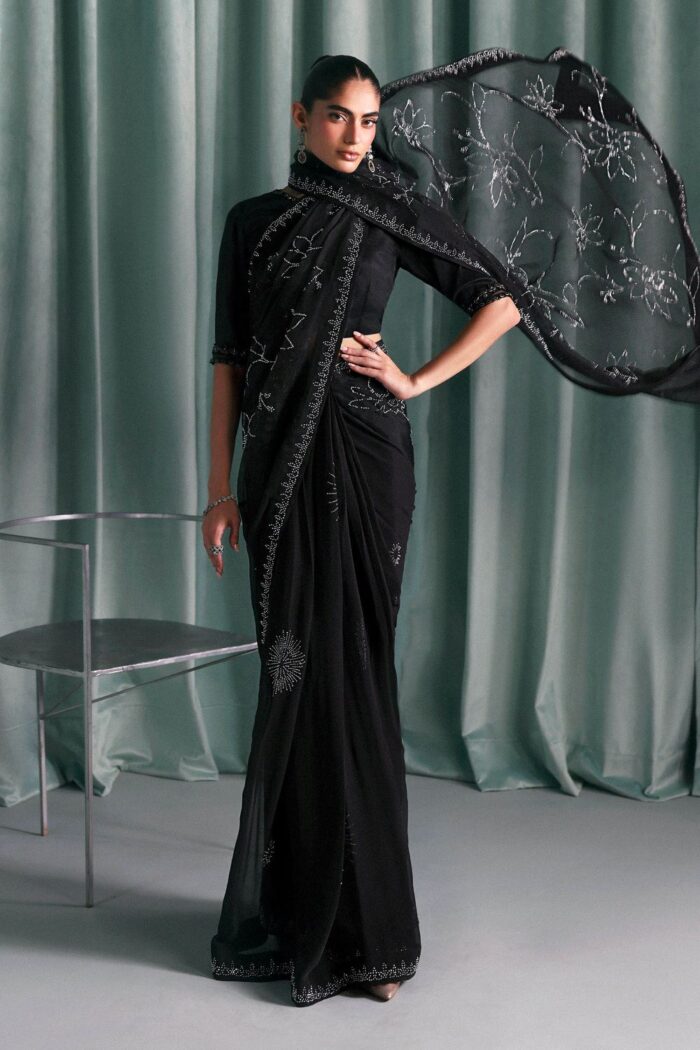 MARIA.B | 3 Piece Embroidered Chiffon Saree -SF-PF26-02-Black | Ready To Wear - Image 4