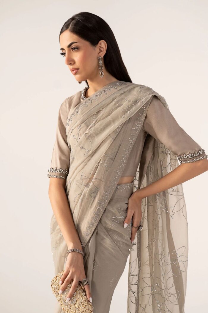 MARIA.B | 3 Piece Embroidered Chiffon Saree -SF-PF26-02-Grey | Ready To Wear - Image 4