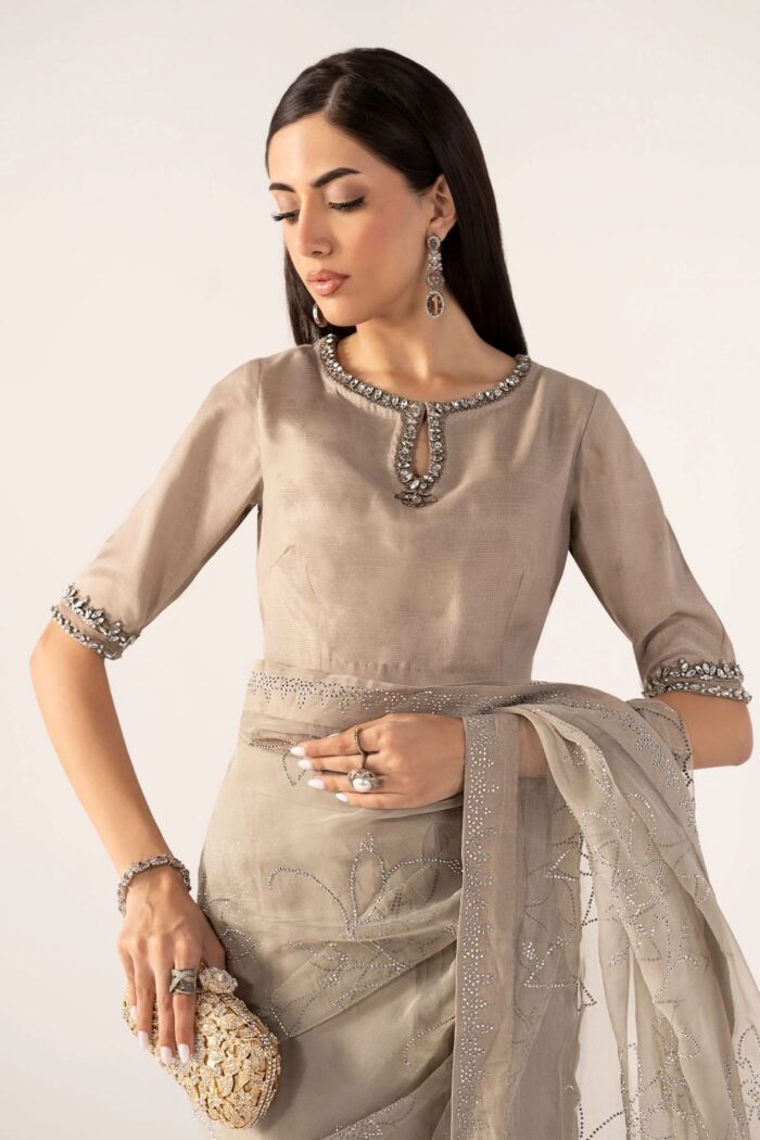 MARIA.B | 3 Piece Embroidered Chiffon Saree -SF-PF26-02-Grey | Ready To Wear - Image 5
