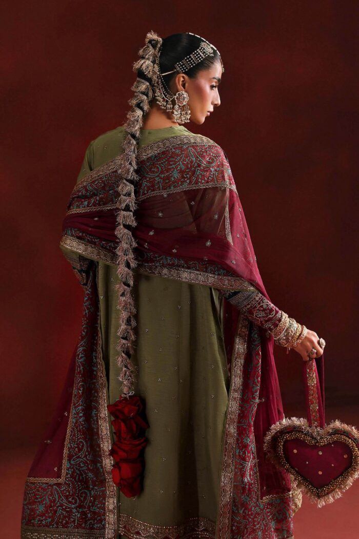 MARIA.B | 3 Piece Embroidered Raw Silk Suit  -SF-PF26-03-Green | Ready To Wear - Image 2