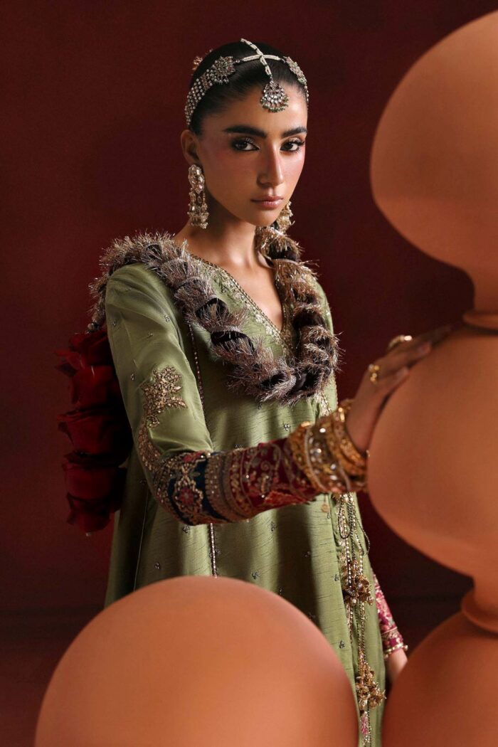 MARIA.B | 3 Piece Embroidered Raw Silk Suit  -SF-PF26-03-Green | Ready To Wear - Image 5