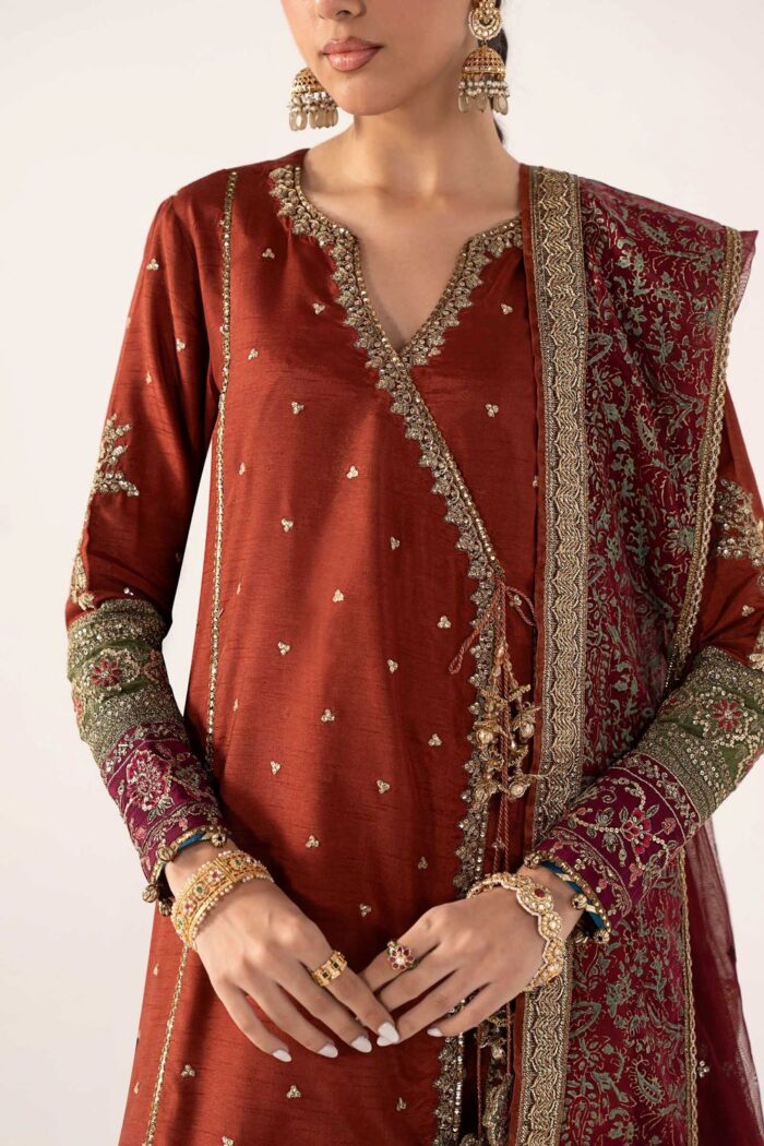 MARIA.B | 3 Piece Embroidered  Raw Silk Suit -SF-PF26-03-Mustard | Ready To Wear - Image 5
