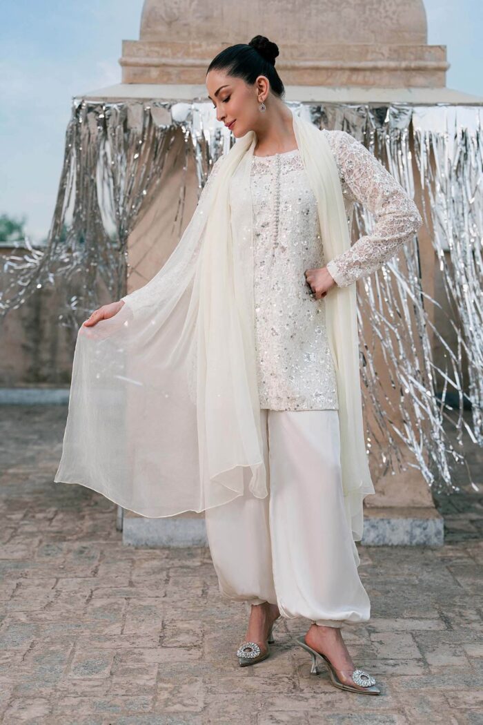 MARIA.B | 3 Piece Embroidered Net Suit -SF-EA26-01-Off White | Ready To Wear - Image 5
