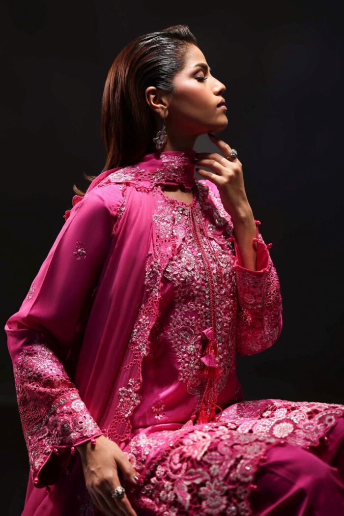 MARIA.B | 3 Piece Embroidered  Raw Silk Suit-SF-EA26-09-Pink | Ready To Wear - Image 2