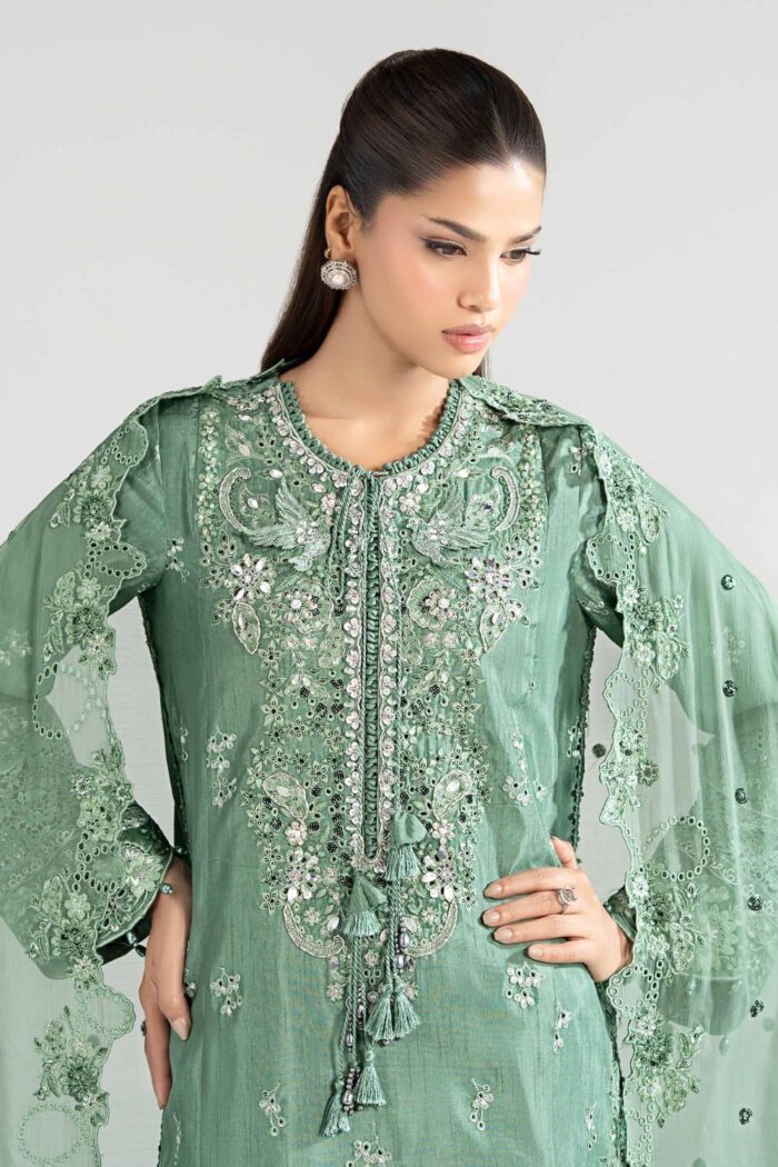 MARIA.B | 3 Piece Embroidered Raw Silk Suit -SF-EA26-09-Sea Green | Ready To Wear - Image 3