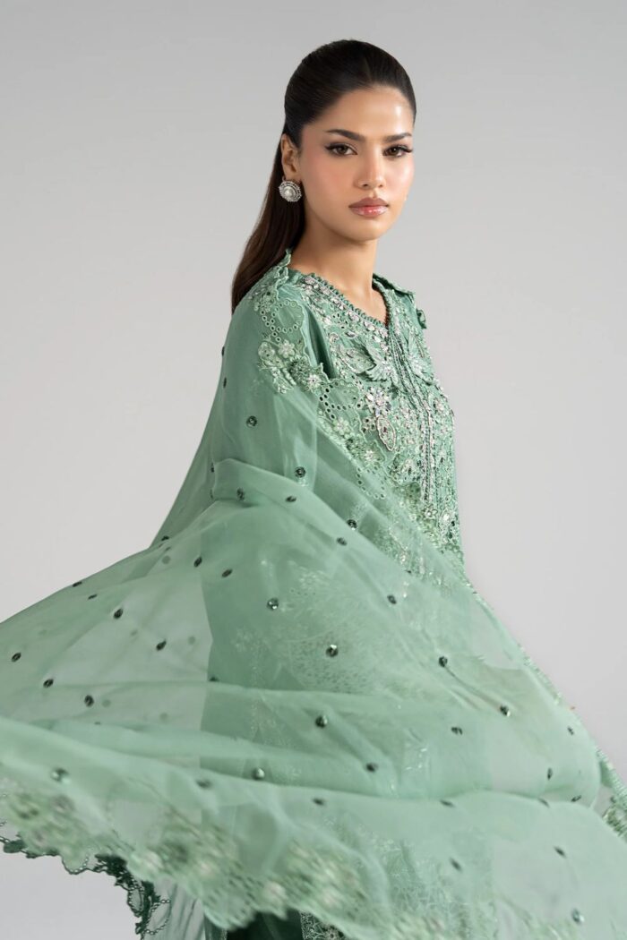 MARIA.B | 3 Piece Embroidered Raw Silk Suit -SF-EA26-09-Sea Green | Ready To Wear - Image 4