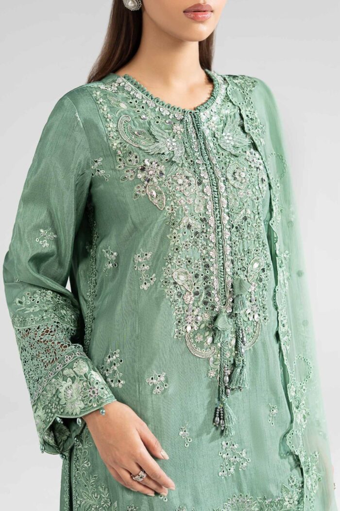 MARIA.B | 3 Piece Embroidered Raw Silk Suit -SF-EA26-09-Sea Green | Ready To Wear - Image 5