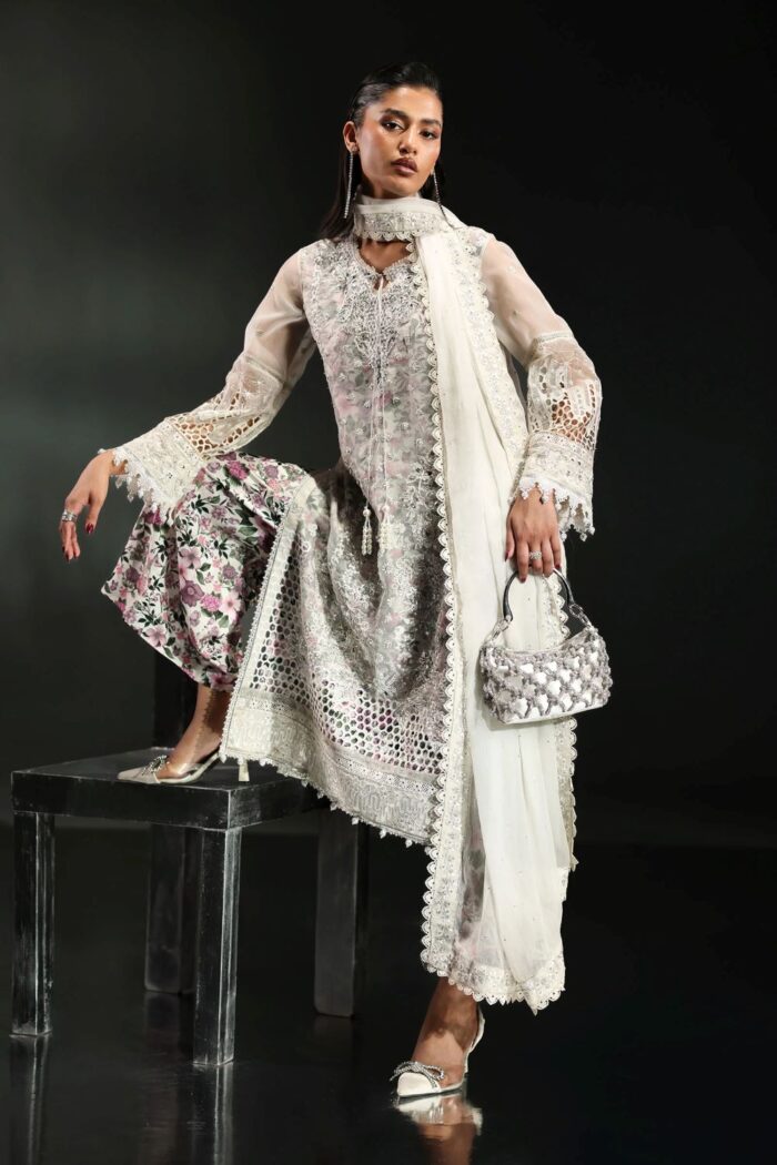 MARIA.B | 3 Piece Embroidered  Organza Suit -SF-EA26-11-Off White | Ready To Wear - Image 6