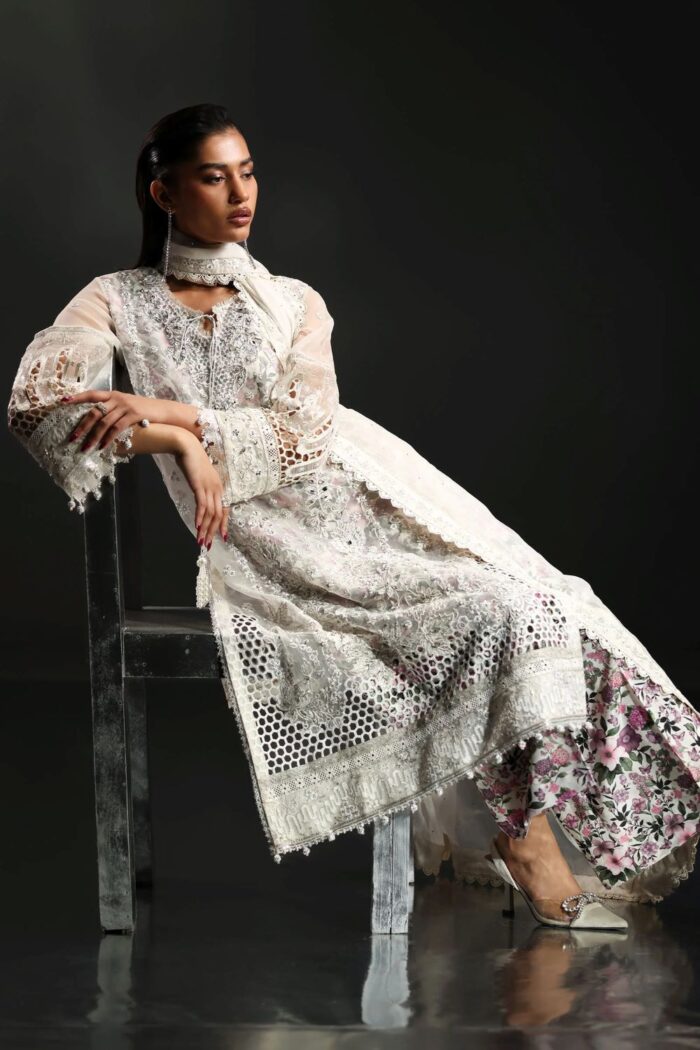 MARIA.B | 3 Piece Embroidered  Organza Suit -SF-EA26-11-Off White | Ready To Wear - Image 7