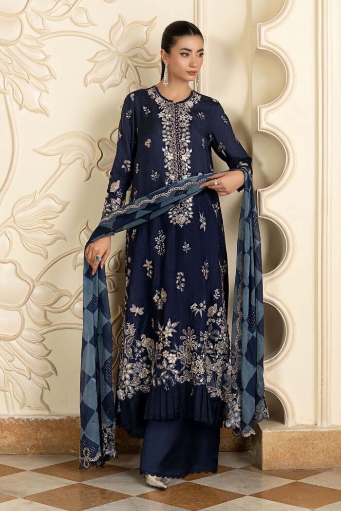MARIA.B | 3 Piece Embroidered  Tissue Silk Suit  -SF-SF-EA26-12-Blue | Ready To Wear - Image 7