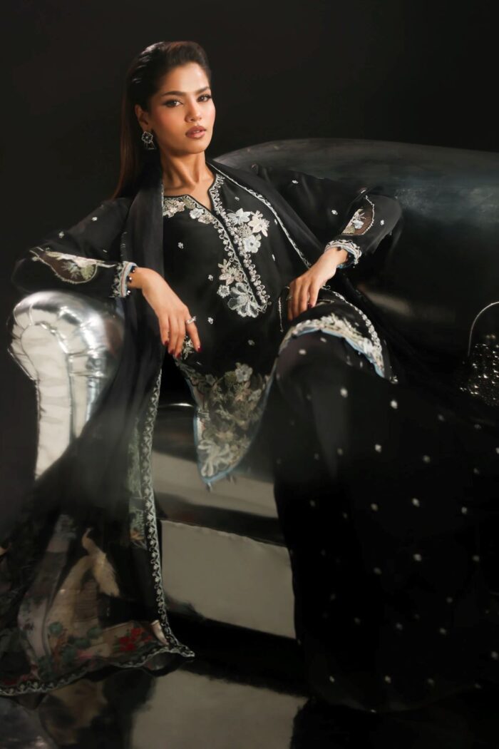 MARIA.B | 3 Piece Embroidered Charmeuse Suit -SF-EA26-16-Black | Ready To Wear - Image 5