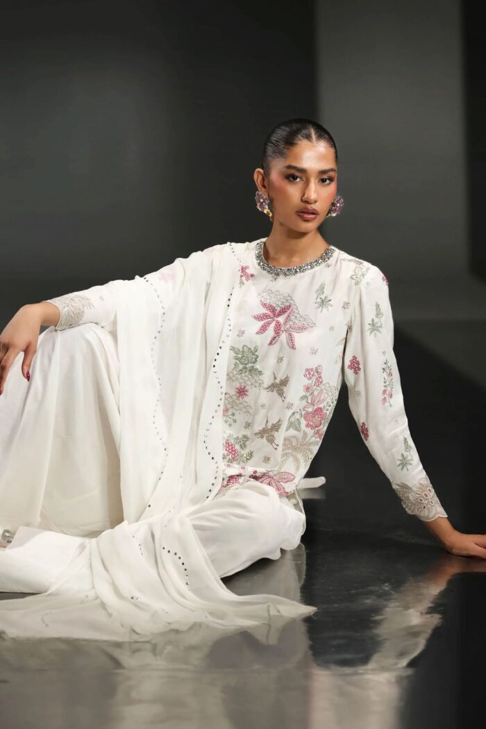 MARIA.B | 3 Piece Embroidered Raw Silk Suit -SF-EA26-23-Off White | Ready To Wear - Image 2