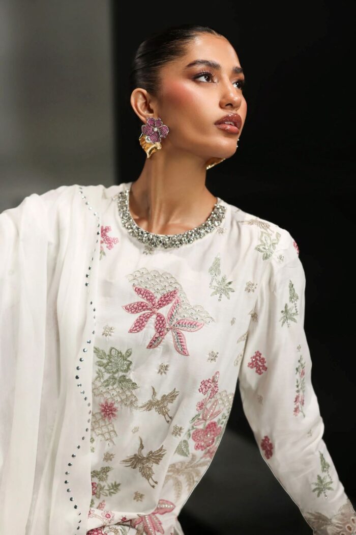 MARIA.B | 3 Piece Embroidered Raw Silk Suit -SF-EA26-23-Off White | Ready To Wear - Image 3