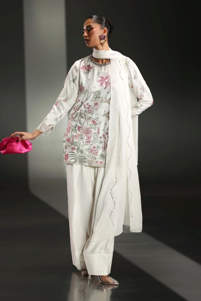 MARIA.B | 3 Piece Embroidered Raw Silk Suit -SF-EA26-23-Off White | Ready To Wear - Image 6
