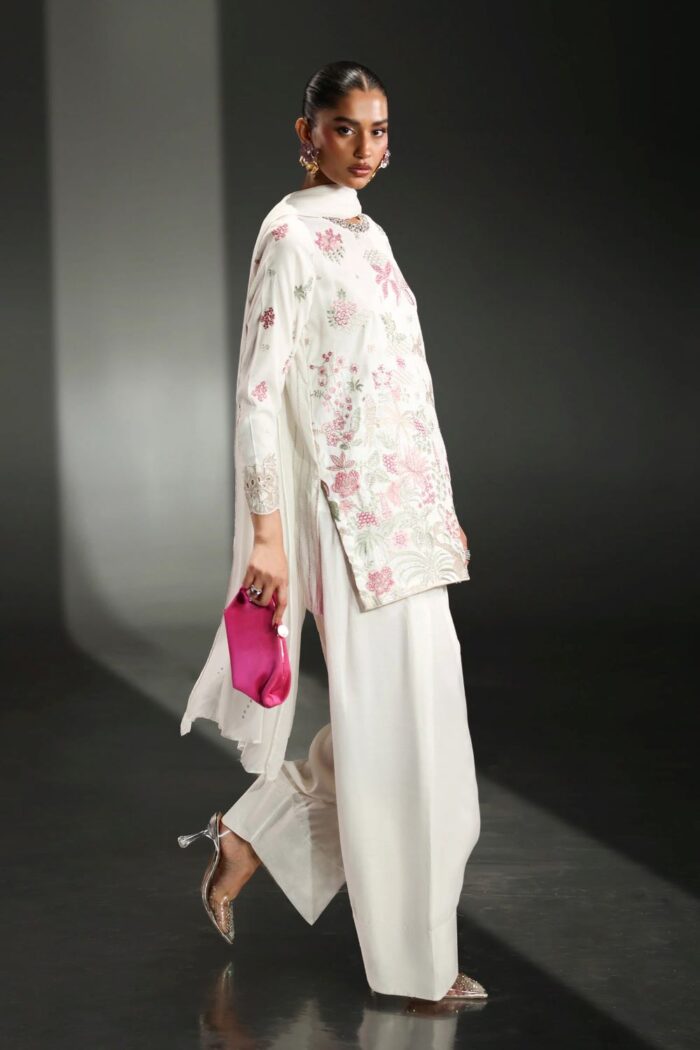 MARIA.B | 3 Piece Embroidered Raw Silk Suit -SF-EA26-23-Off White | Ready To Wear - Image 7